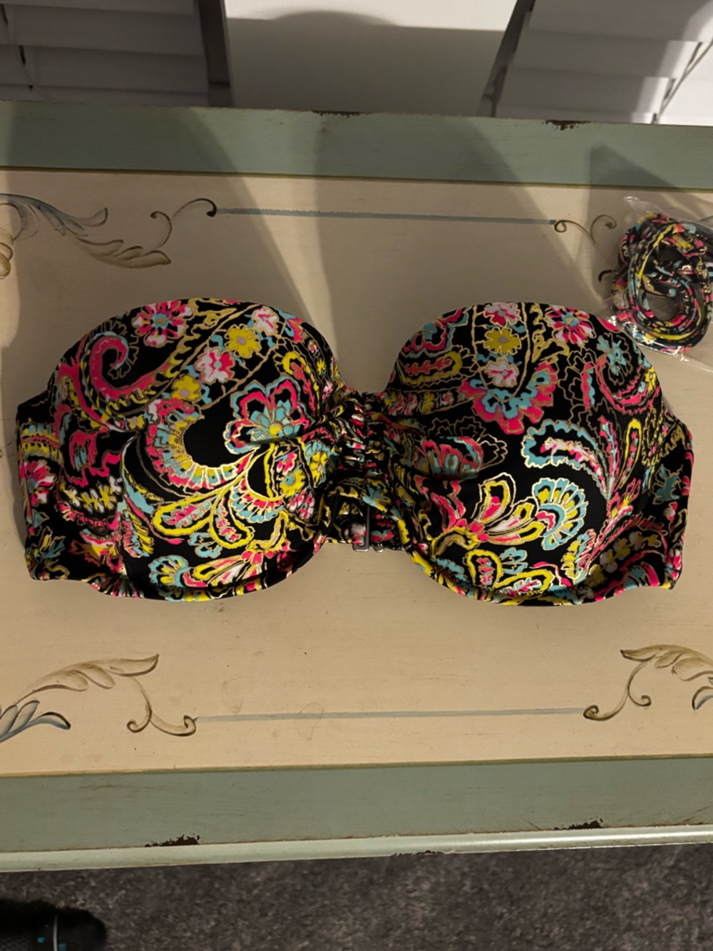 Victoria's Secret Black Paisley Floral Bandeau Swim Top with Bright Accents